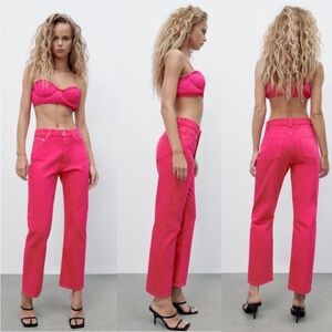 Zara Straight Leg Bright Pink High Rise Button Fly Jeans Size 6
